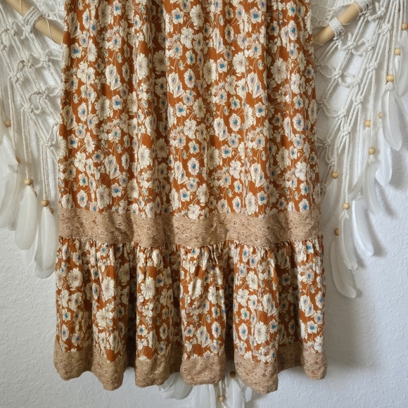 Floral-Print Lace-Trimmed Cotton Twill Midi Dress in Brown Cottagecore Prarie M - Picture 7 of 13